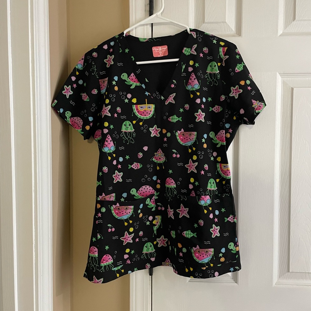 Colorful Jellyfish and Watermelon Print Scrub Top